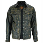 Men’s distressed lambskin leather long sleeve button up shirt with snap closure and collared neckline