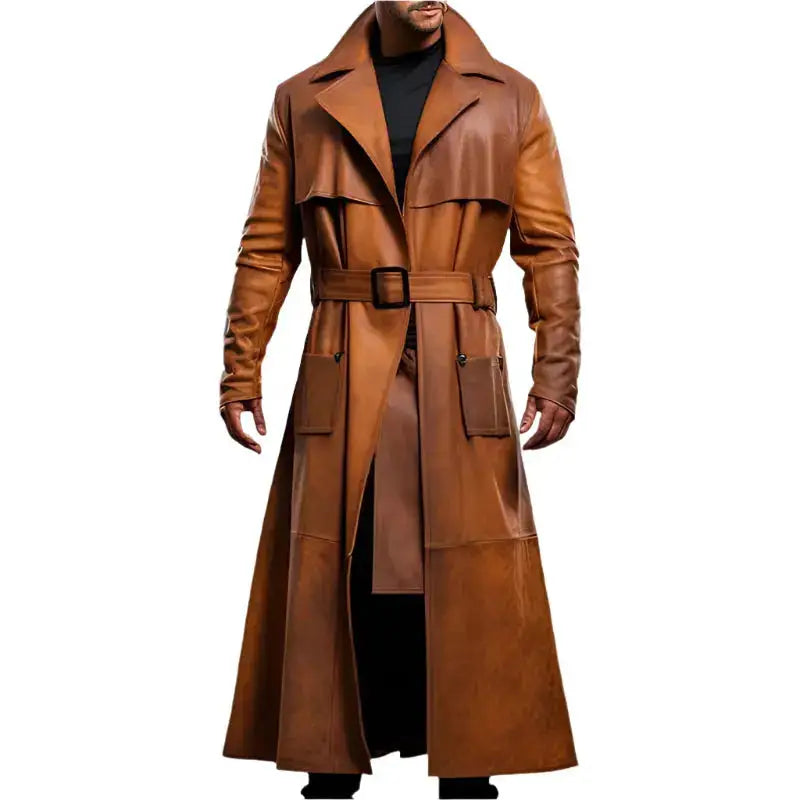 Mens Distressed Leather Duster Coat Peanut Brown - Riders Republic UK