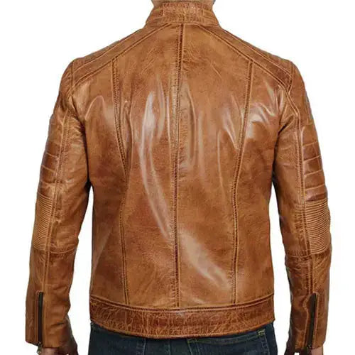 Men’s distressed leather cafe racer jacket with vintage finish