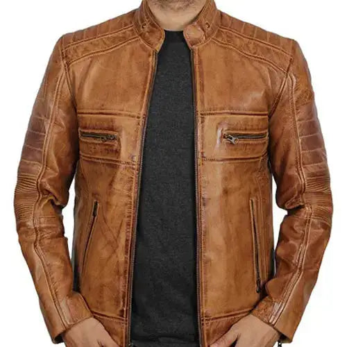 Men’s tan brown cafe racer leather jacket with stand collar