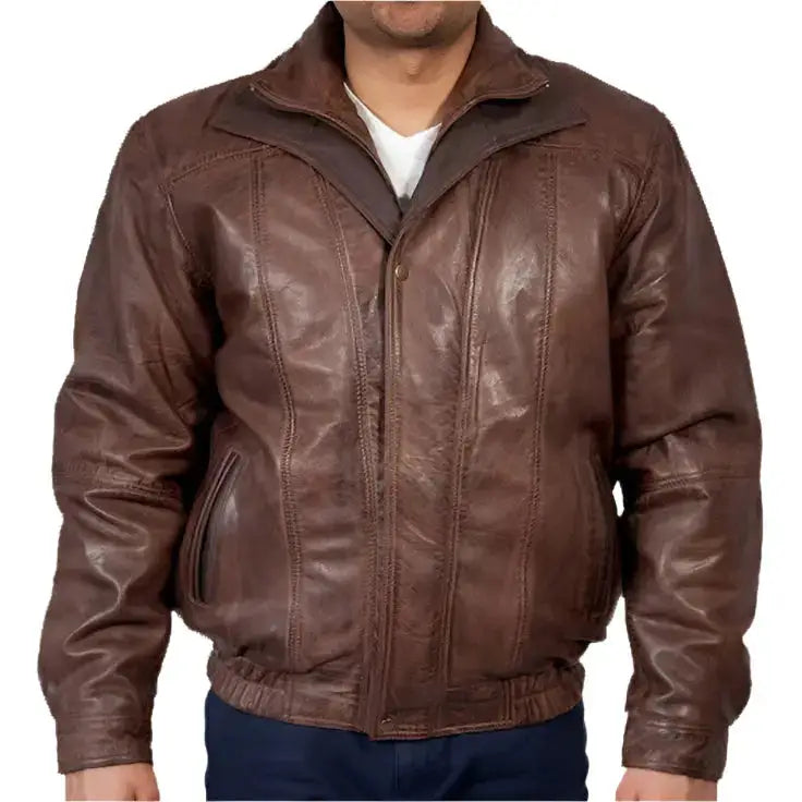 Mens Double Collar Leather Bomber Jacket - Riders Republic UK