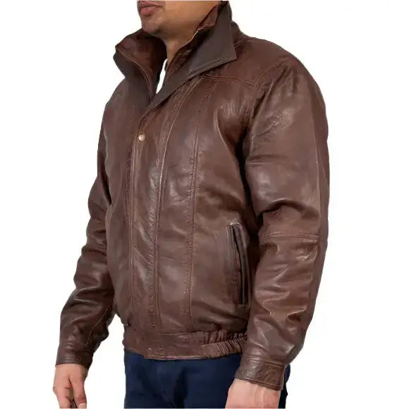 Mens Double Collar Leather Bomber Jacket - Riders Republic UK