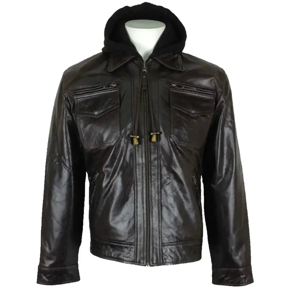 Mens Brown Leather Hooded Jacket - Riders Republic UK