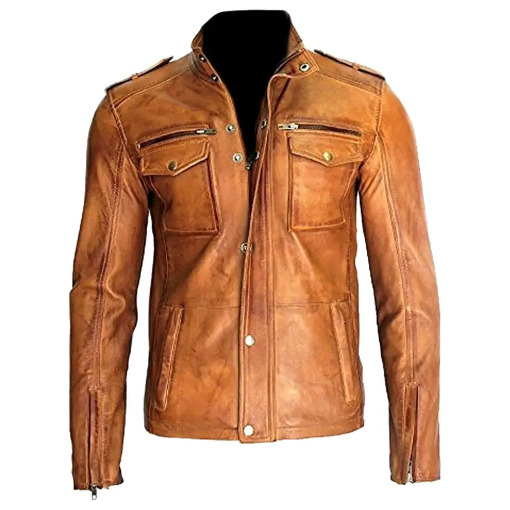 Mens Tan Lambskin Leather Moto Jacket - Riders Republic UK