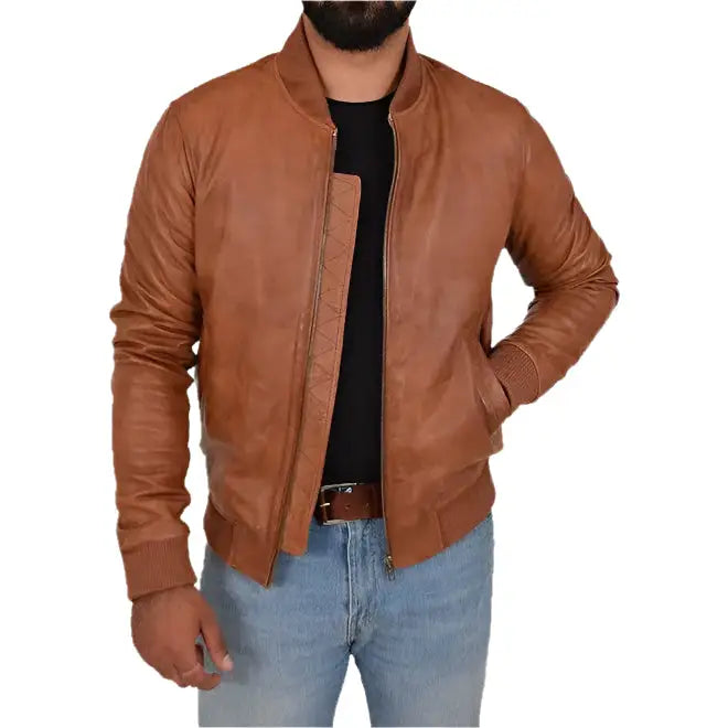 Mens Tan Leather Varsity Bomber Jacket - Riders Republic UK