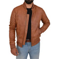 Mens Tan Leather Varsity Bomber Jacket - Riders Republic UK