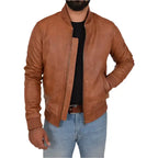 Mens Tan Leather Varsity Bomber Jacket - Riders Republic UK