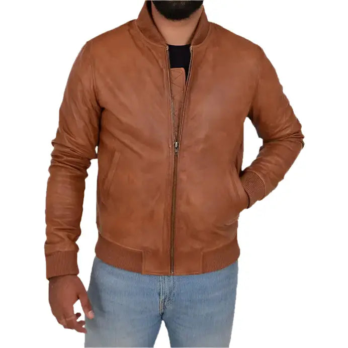 Mens Tan Leather Varsity Bomber Jacket - Riders Republic UK