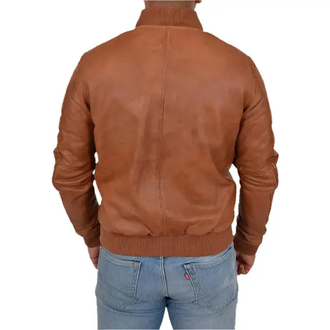 Mens Tan Leather Varsity Bomber Jacket - Riders Republic UK