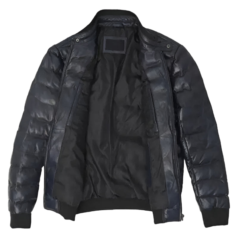 Mens Black Lambskin Puffer Bomber Jacket - Riders Republic UK