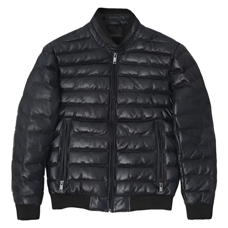 Mens Black Lambskin Puffer Bomber Jacket - Riders Republic UK
