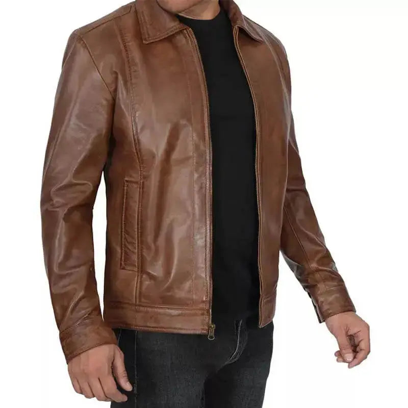 Mens Distressed Brown Leather Cafe Racer Jacket - Riders Republic UK