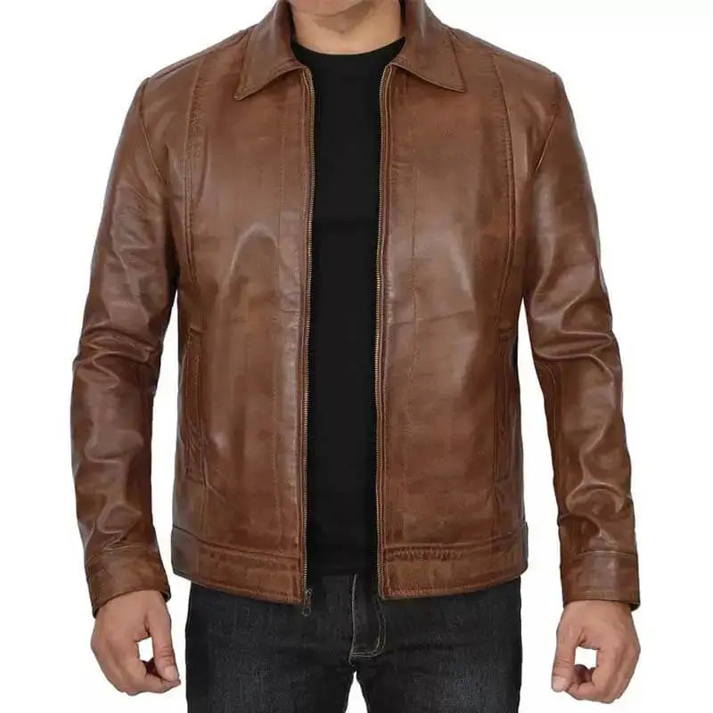 Mens Distressed Brown Leather Cafe Racer Jacket - Riders Republic UK