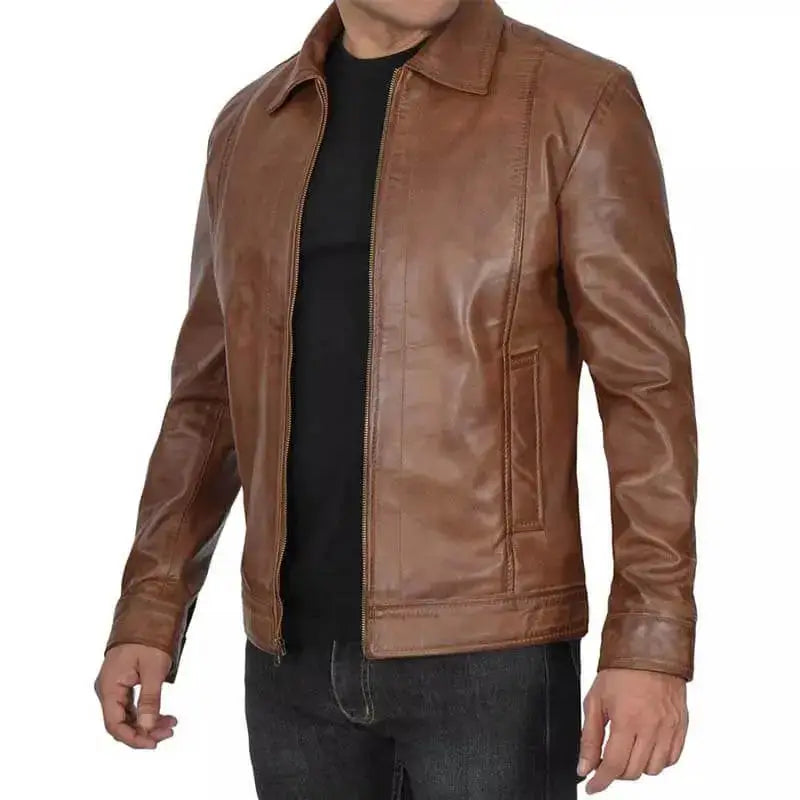 Mens Distressed Brown Leather Cafe Racer Jacket - Riders Republic UK