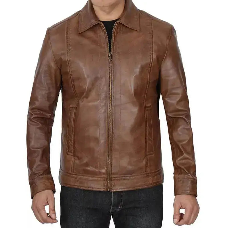 Mens Distressed Brown Leather Cafe Racer Jacket - Riders Republic UK