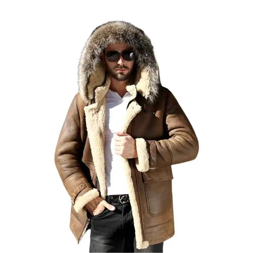 Mens Genuine Leather Shearling Hooded Coat - Riders Republic UK