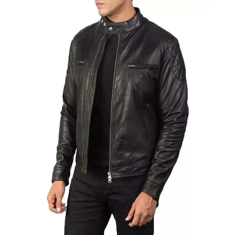 Mens Genuine Quilted Black Leather Biker Jacket - Riders Republic UK