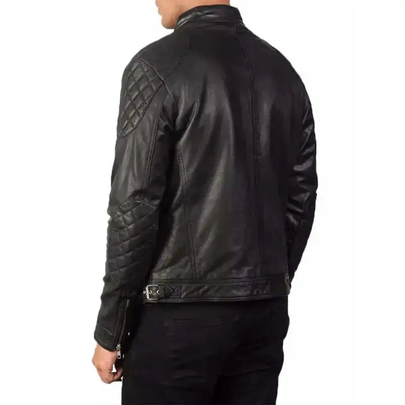 Mens Genuine Quilted Black Leather Biker Jacket - Riders Republic UK