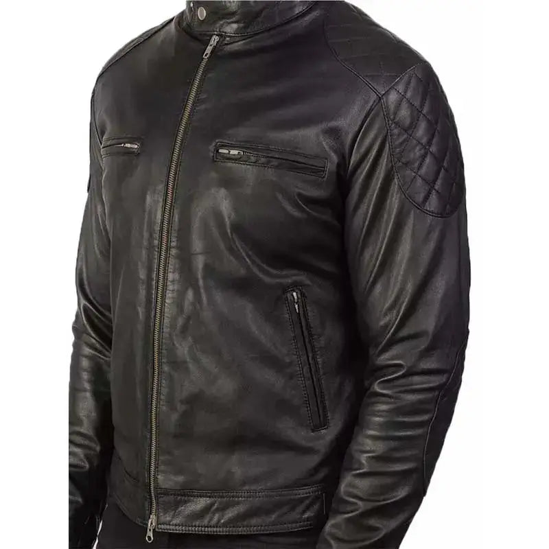 Mens Genuine Quilted Black Leather Biker Jacket - Riders Republic UK
