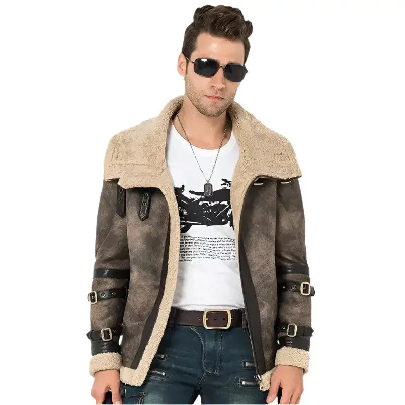 Mens Gray Shearling Aviator Jacket - Riders Republic UK