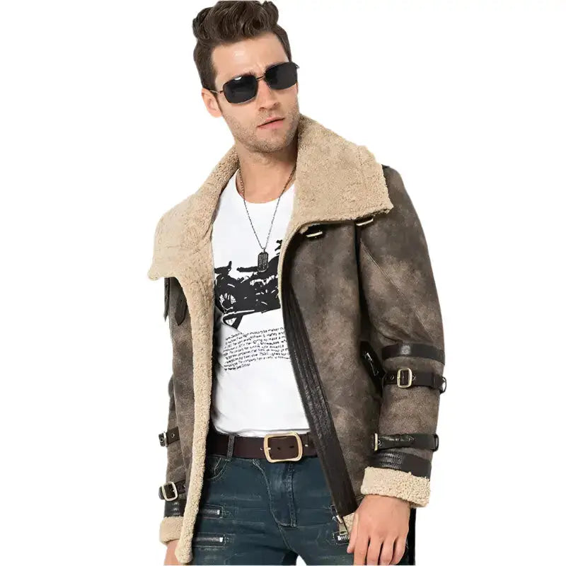 Mens Gray Shearling Aviator Jacket - Riders Republic UK