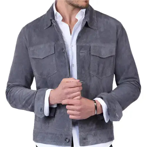 Mens Gray Suede Trucker Jacket - Riders Republic UK