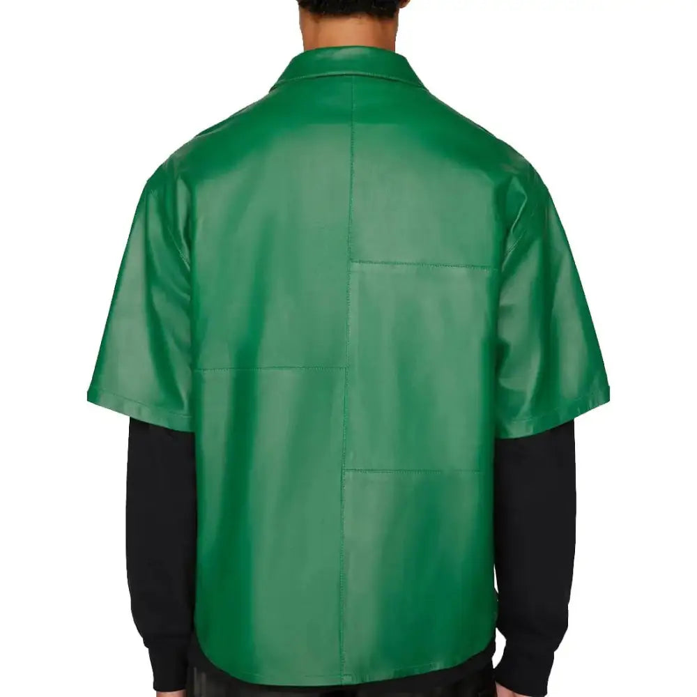 Men’s dark green leather shirt with half sleeves, front zip closure and premium casual fashion look
