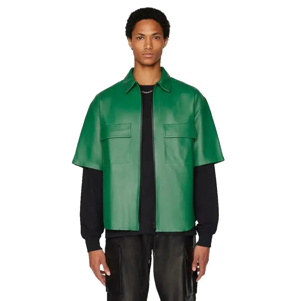 Men’s dark green sheepskin leather half sleeve zip shirt with turn down collar, exterior pockets and viscose lining
