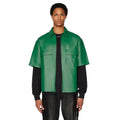 Men’s dark green sheepskin leather half sleeve zip shirt with turn down collar, exterior pockets and viscose lining