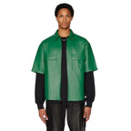 Men’s dark green sheepskin leather half sleeve zip shirt with turn down collar, exterior pockets and viscose lining