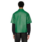 Men’s green leather short sleeve shirt with zipper front and two exterior chest pockets