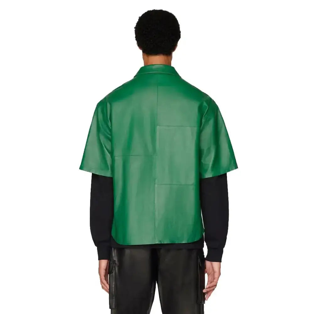Men’s green leather short sleeve shirt with zipper front and two exterior chest pockets