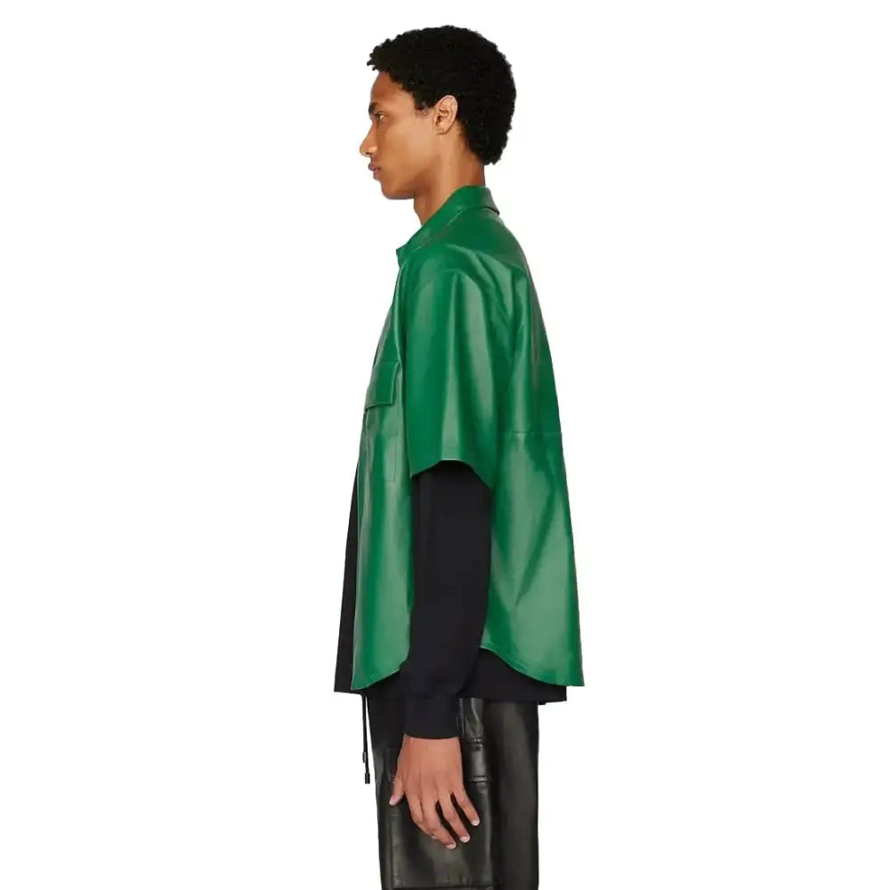 Dark green leather half sleeve shirt for men showing smooth semi aniline finish and structured fit