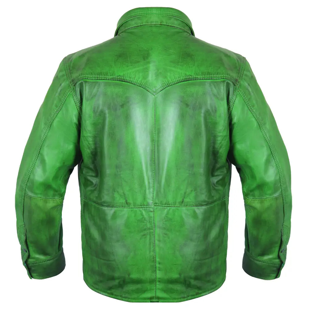 Men’s green genuine lambskin leather shirt with satin lining, functional pockets, premium stitching and regular fit