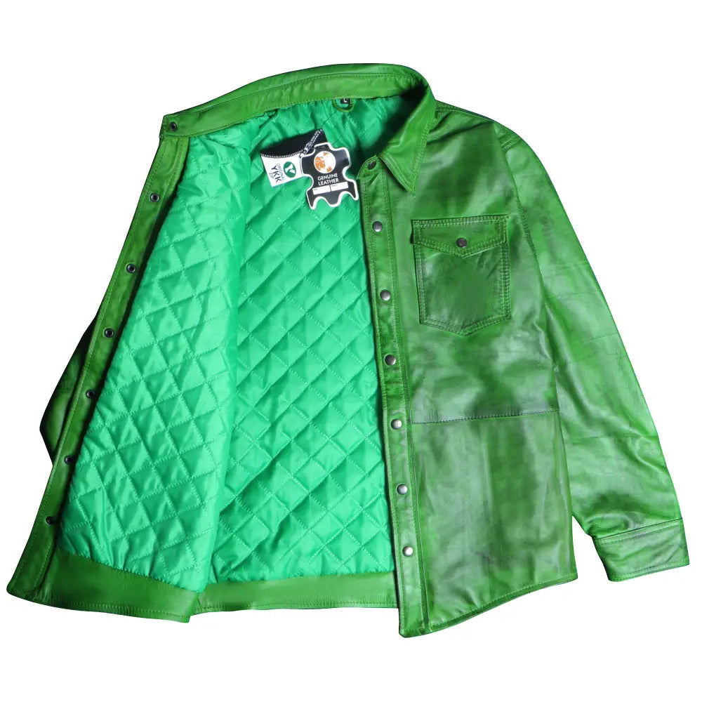 Mens Green Lambskin Leather Shirt