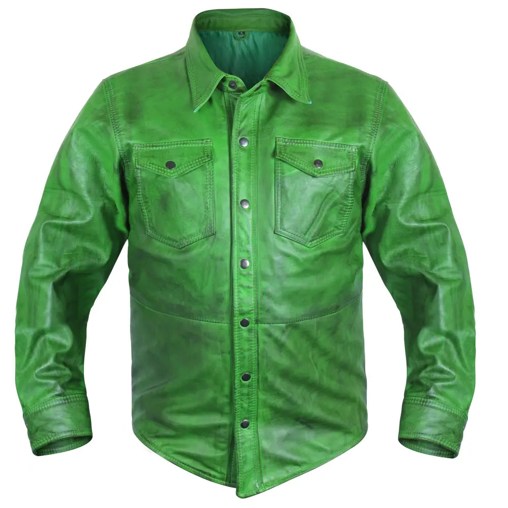 Men’s green genuine lambskin leather shirt with satin lining, functional pockets, premium stitching and regular fit