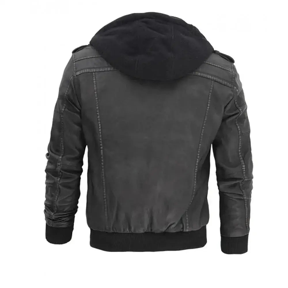 Mens Grey Hooded Leather Bomber Jacket - Riders Republic UK
