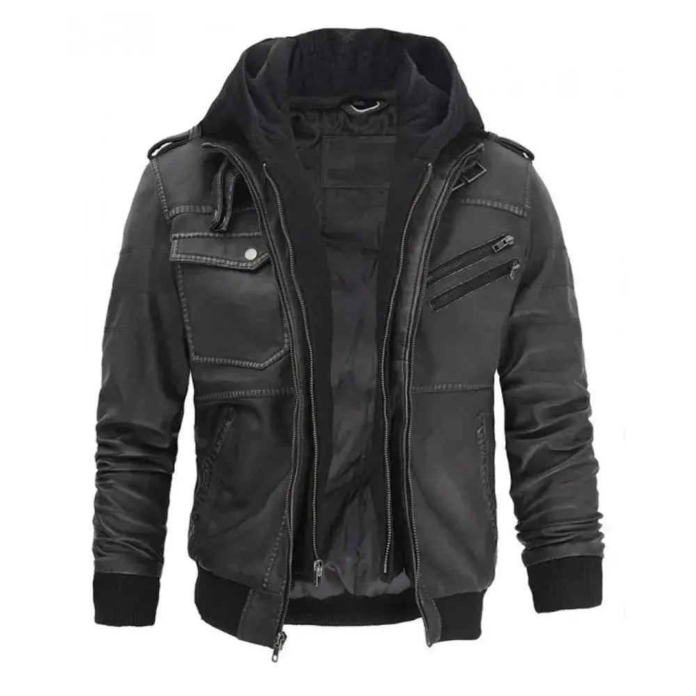 Mens Grey Hooded Leather Bomber Jacket - Riders Republic UK