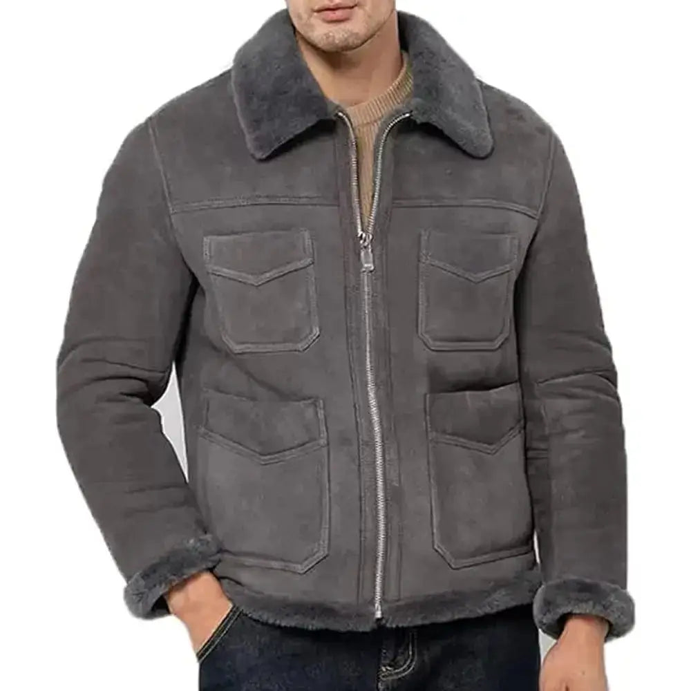 Mens Grey Suede Shearling Aviator Jacket - Riders Republic UK