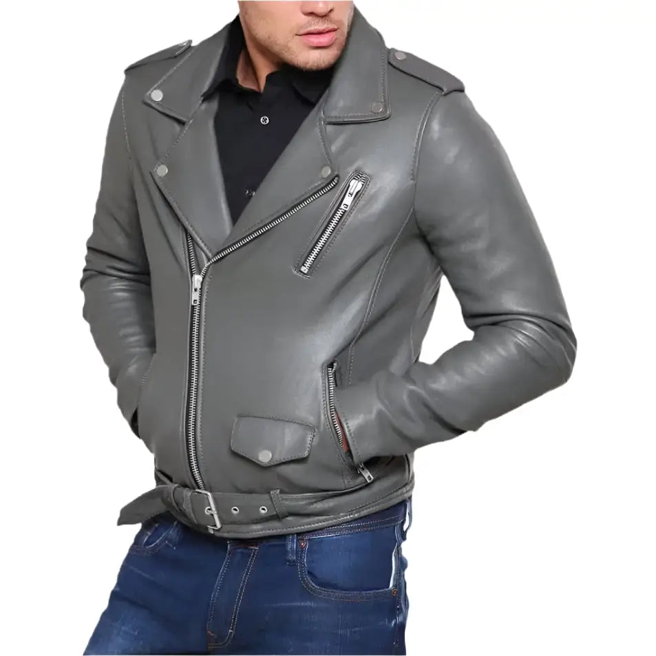 Mens Grey Tailored Leather Biker Jacket - Riders Republic UK