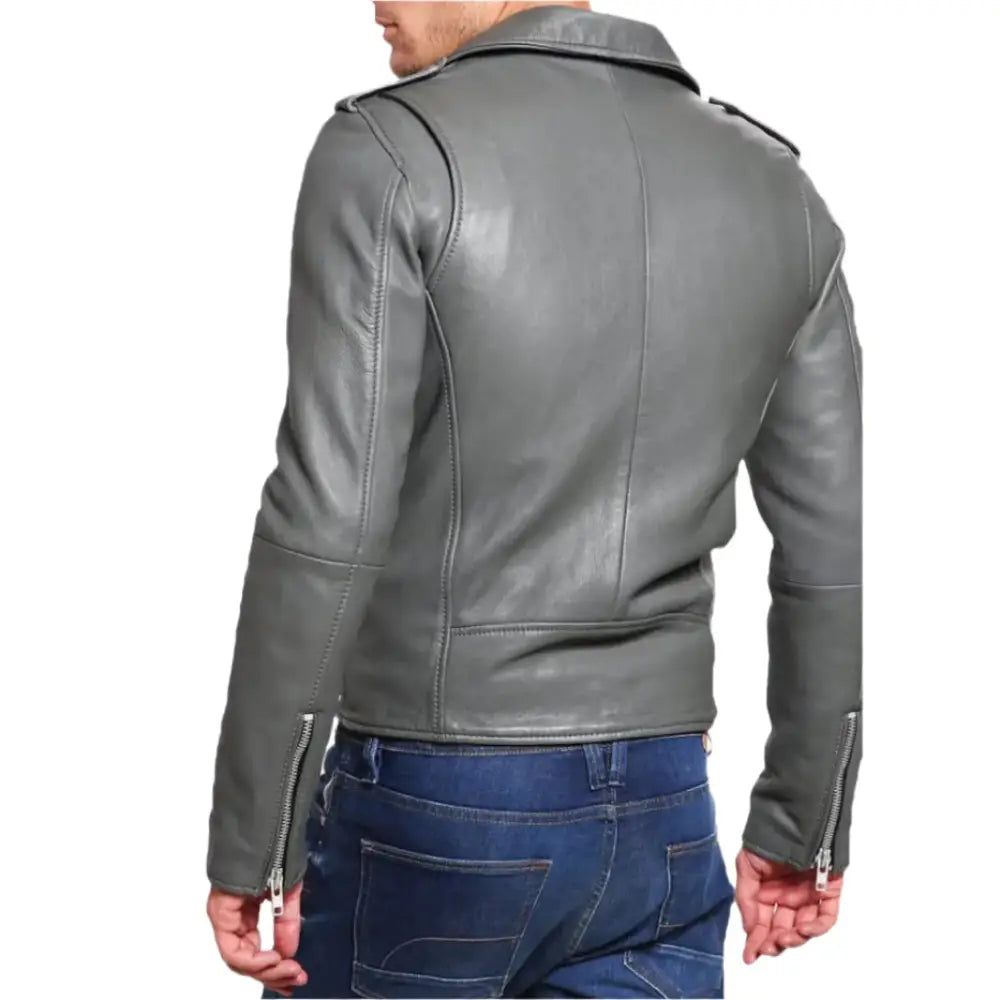 Mens Grey Tailored Leather Biker Jacket - Riders Republic UK