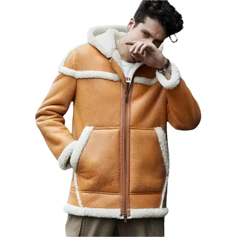Mens Hooded Shearling Bomber Coat Yellow - Riders Republic UK