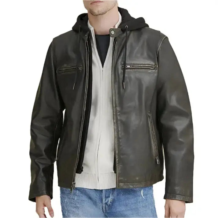 Mens Hooded Biker Leather Jacket - Riders Republic UK