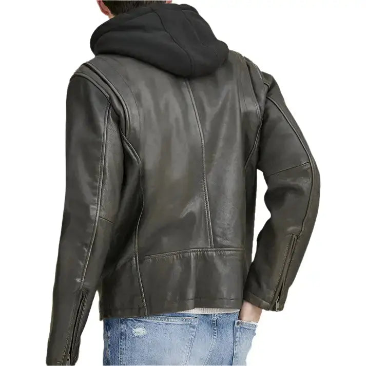 Mens Hooded Biker Leather Jacket - Riders Republic UK