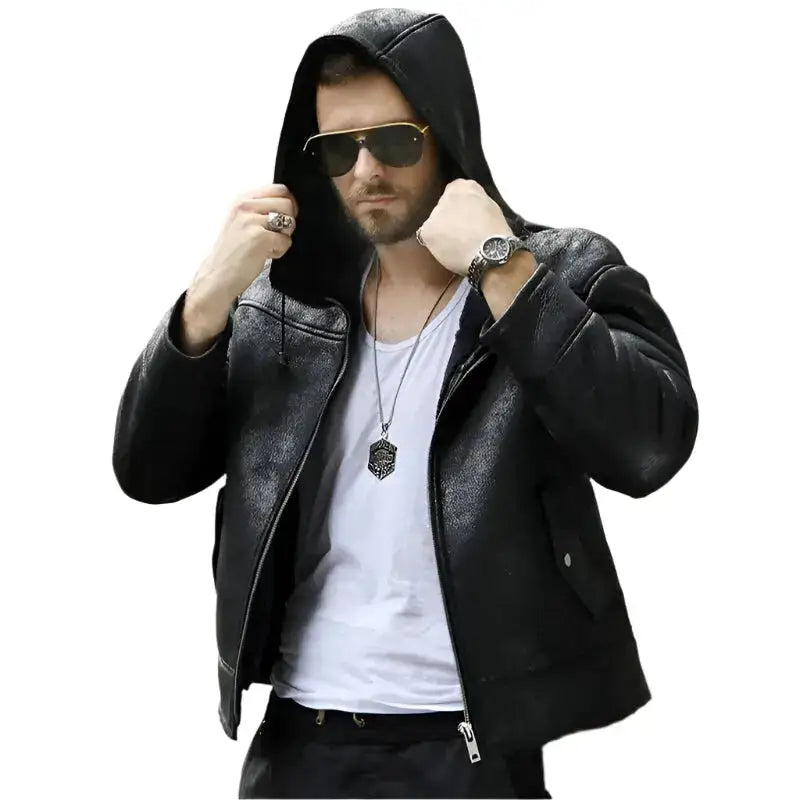 Mens Hooded Black Shearling Winter Jacket - Riders Republic UK