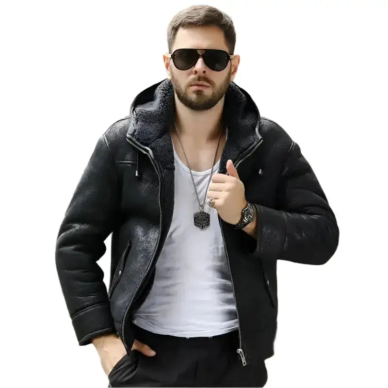 Mens Hooded Black Shearling Winter Jacket - Riders Republic UK