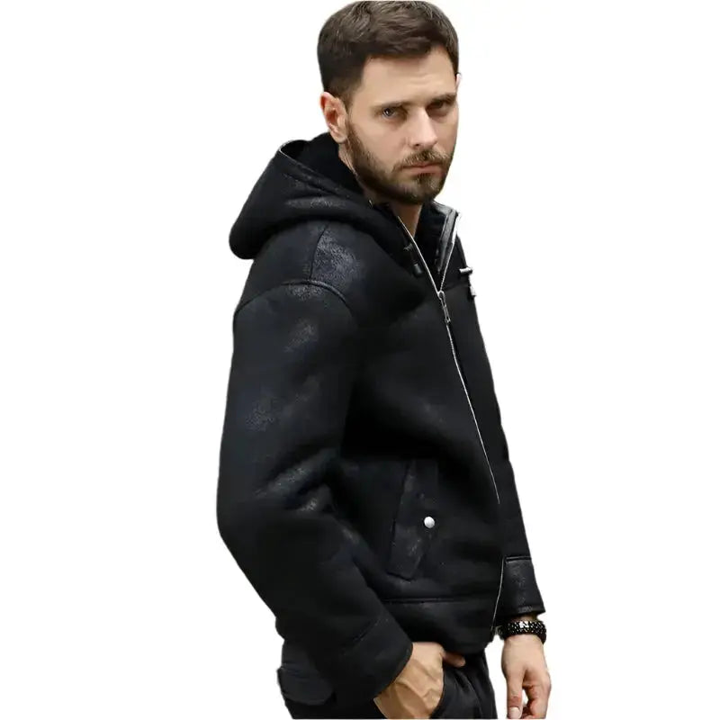 Mens Black Shearling Hooded Winter Jacket - Riders Republic UK