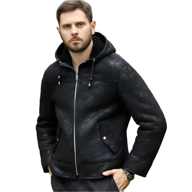 Mens Black Shearling Hooded Winter Jacket - Riders Republic UK