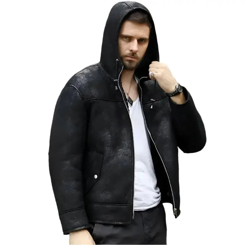 Mens Black Shearling Hooded Winter Jacket - Riders Republic UK