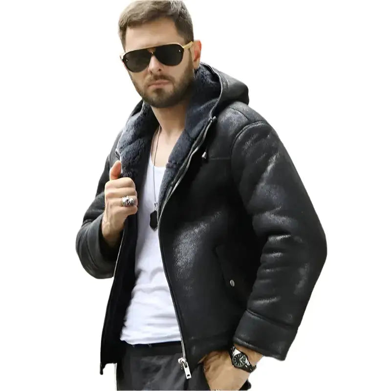 Mens Hooded Black Shearling Winter Jacket - Riders Republic UK
